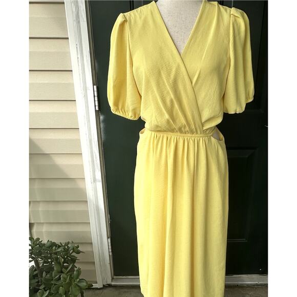 Maison Tara Sz 12 Butter Yellow Midi Dress w Tie Waist Cottagecore Feminine - Picture 2 of 8